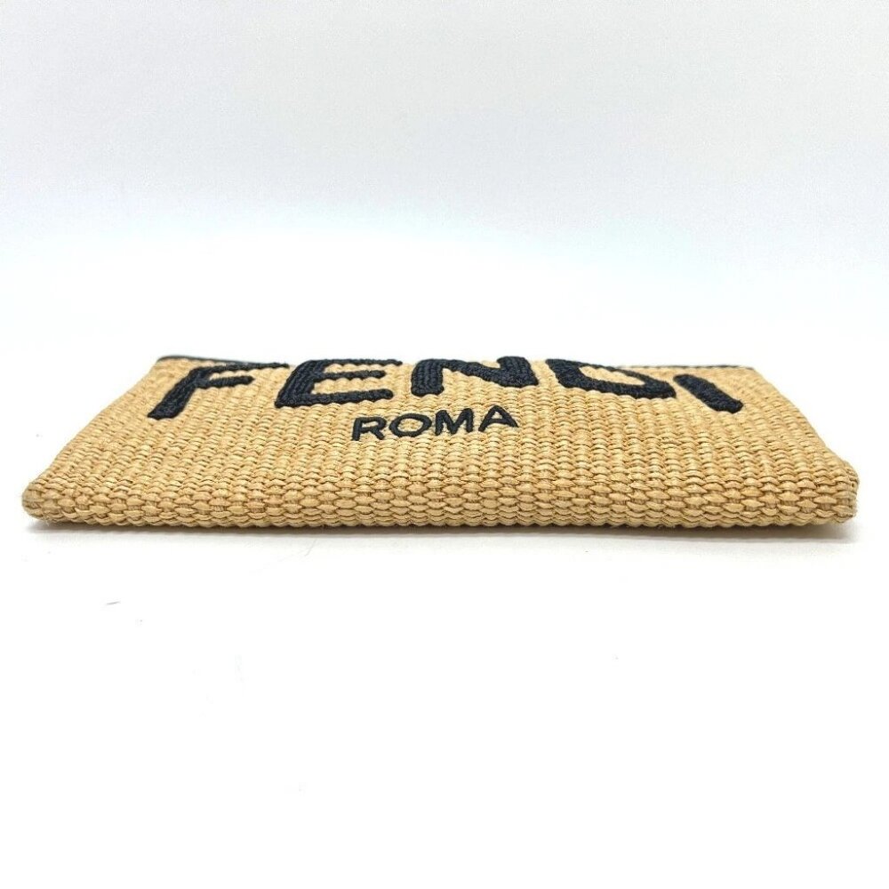 FENDI 8N0149 straw logo Pouch Clutch bag Raffia / Leather Beige/Black - Picture 5 of 15